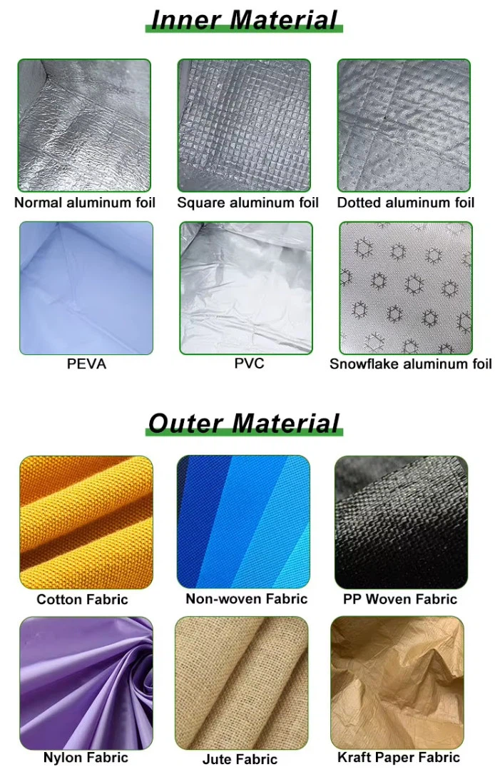 Custom cooler bag outer fabric and insulation lining options for wholesale OEM orders Custom cooler bag outer fabric and insulation lining options for wholesale OEM orders